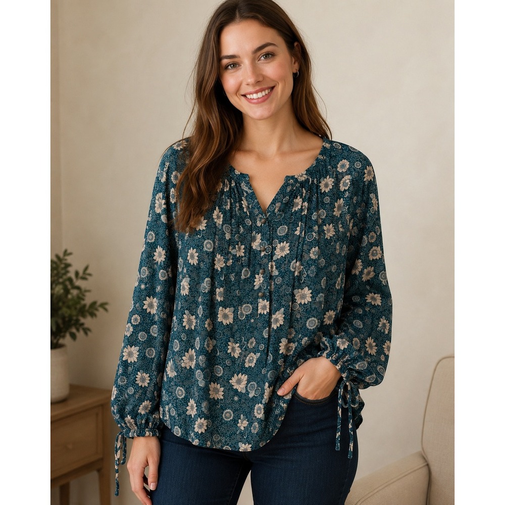 Lucky Brand Floral Peasant Blouse Large Teal Boho Button Long Sleeve Tie Cuff